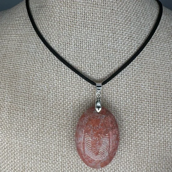 Orange and Pink/Lavender Coral Fossil Oval Pendant on Black Satin Rope - Picture 6 of 12